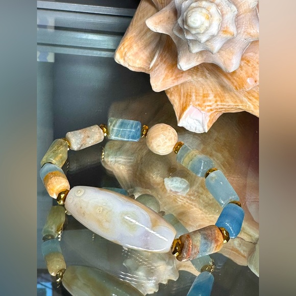 LEMURIAN AQUATINE BARRELS + MUSHROOM JASPER NATURAL STONES BRACELET size 7” - Picture 4 of 12